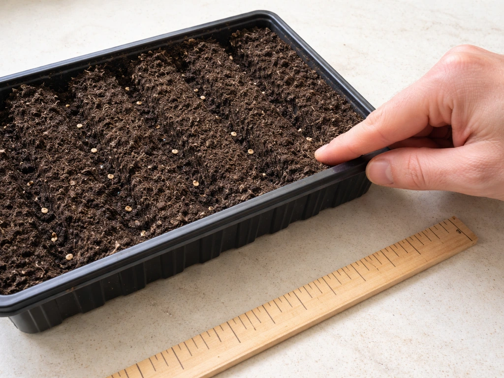 Gardening tray with shallow 3–6 mm seed furrows and a ruler-like spacing guide marked in cm