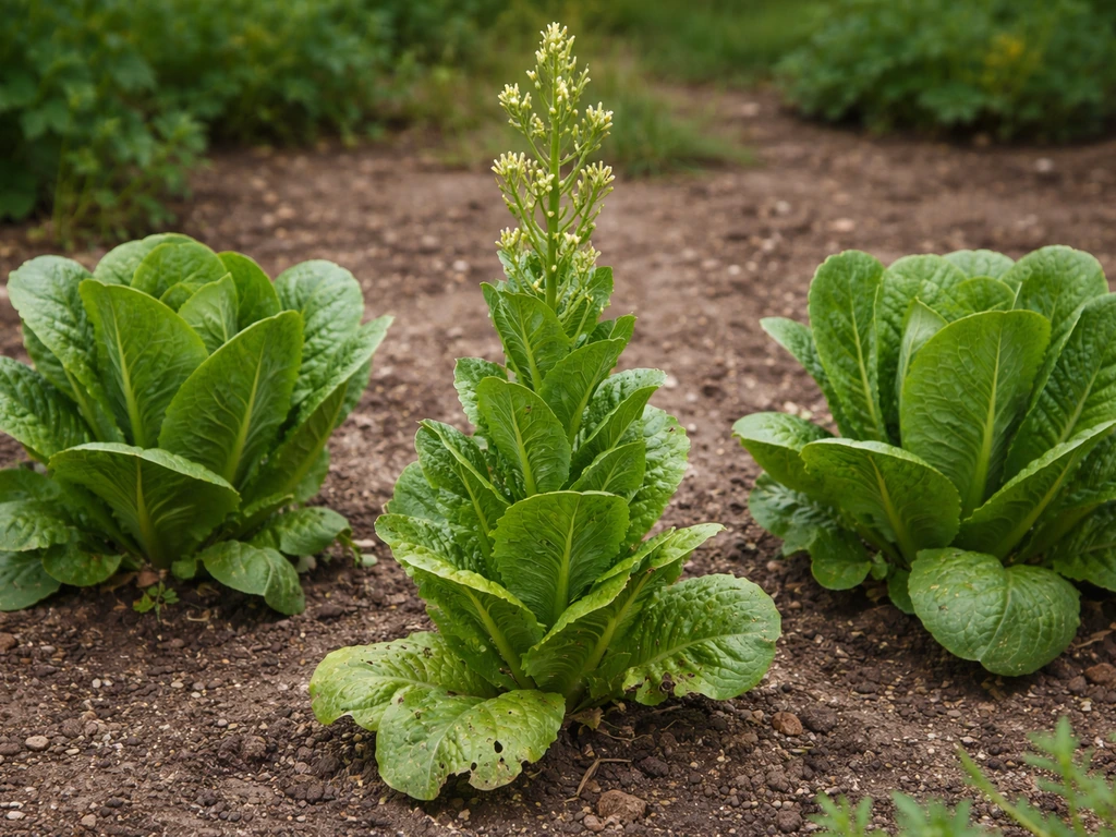 Bolting romaine with a visible flower stalk beside healthy leafy lettuce in a small garden bed.