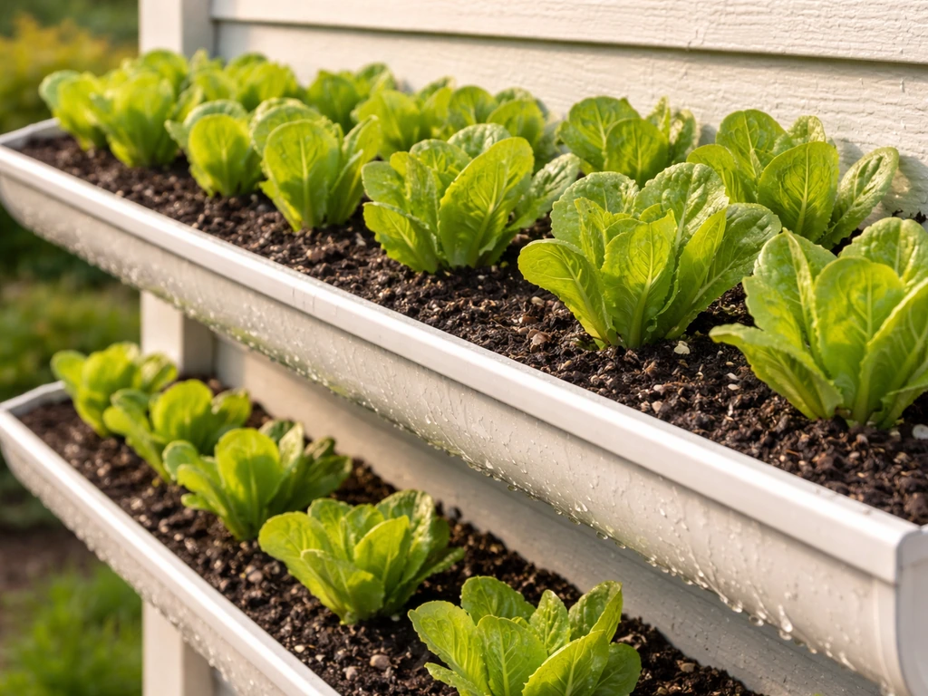 Fresh romaine lettuce growing in a mounted gutter planter with several healthy heads and visible leafy rows.