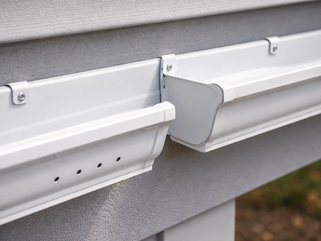 Close-up of vinyl gutter section with drilled drainage holes and proper gravity slope, next to sealed end.