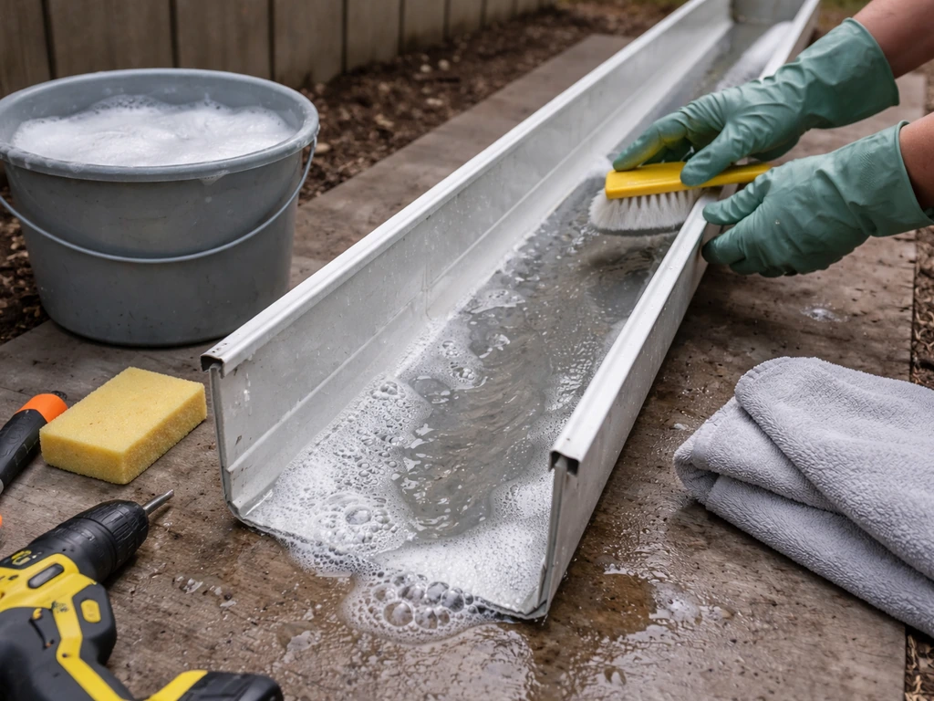 Gloved hands and tools beside a gutter as it’s rinsed, with soapy water and drying details