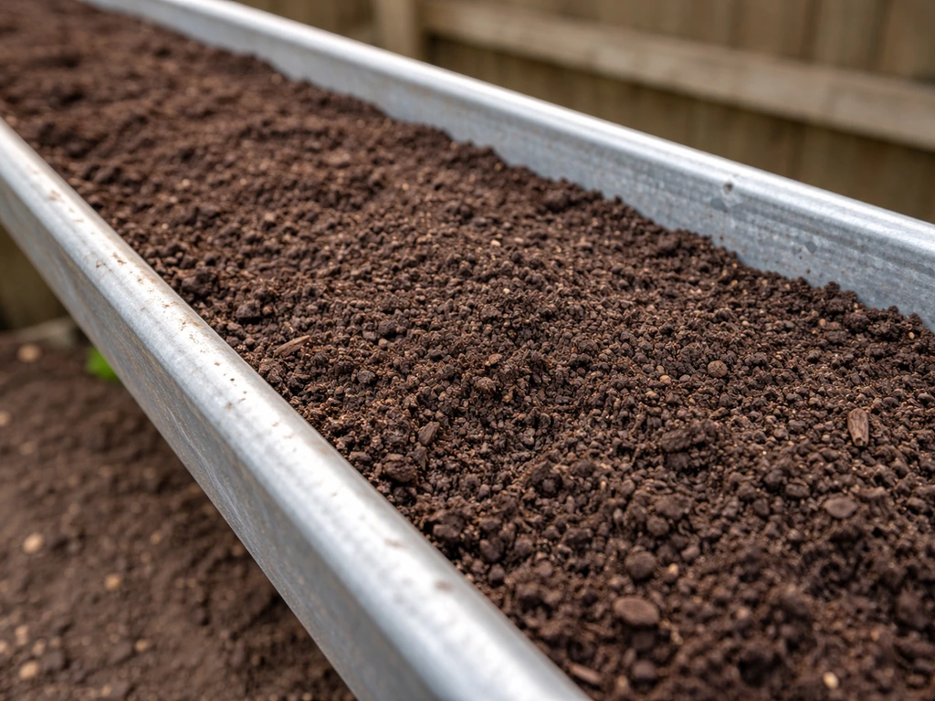 Peat-free multipurpose compost filling a gutter to an even, light surface level