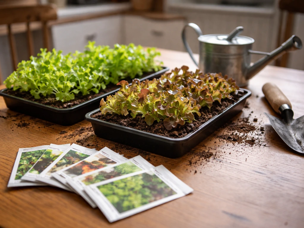 Seed packets and small loose-leaf lettuce seedlings laid out for shallow gutter planting on a table.