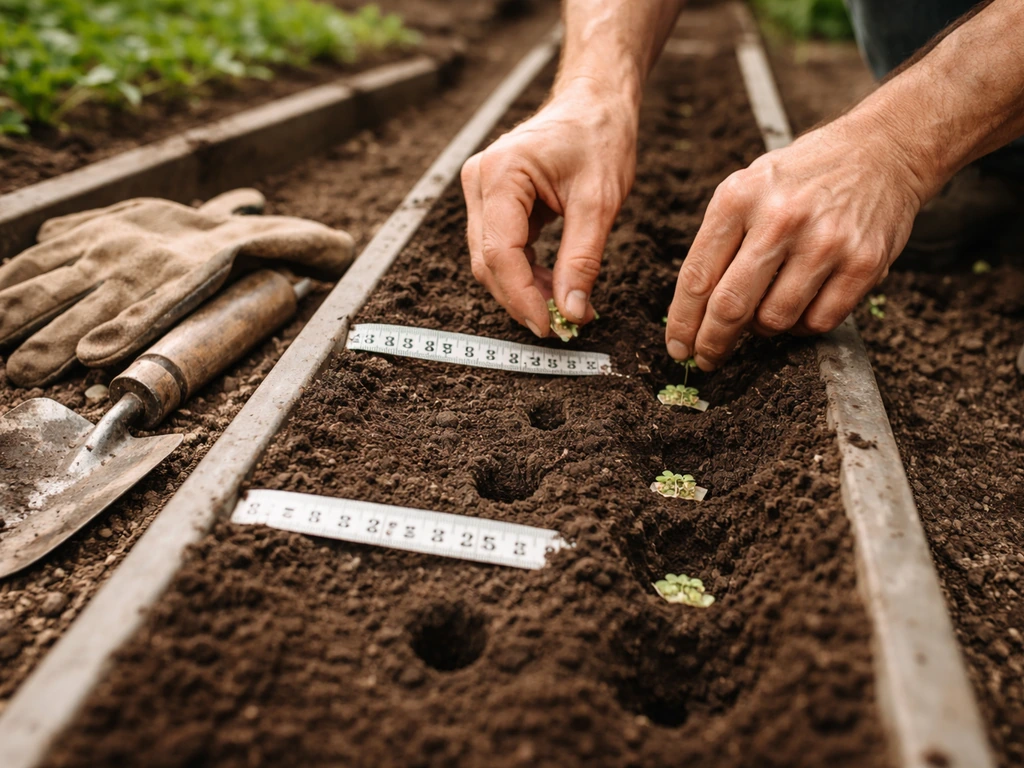 Gardener hands sowing small seeds in a garden gutter, measuring spacing with a small tape.