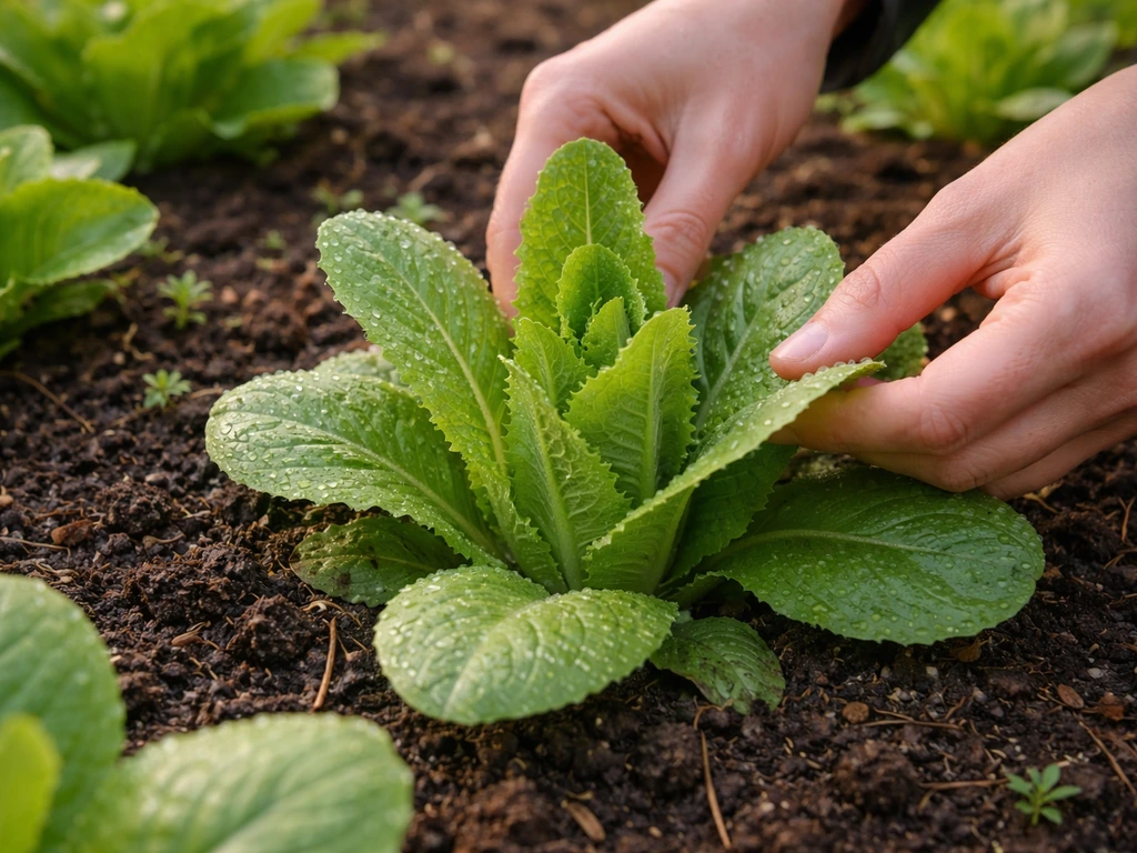 Hands harvesting outer leaves of cut-and-come-again lettuce from a small garden bed