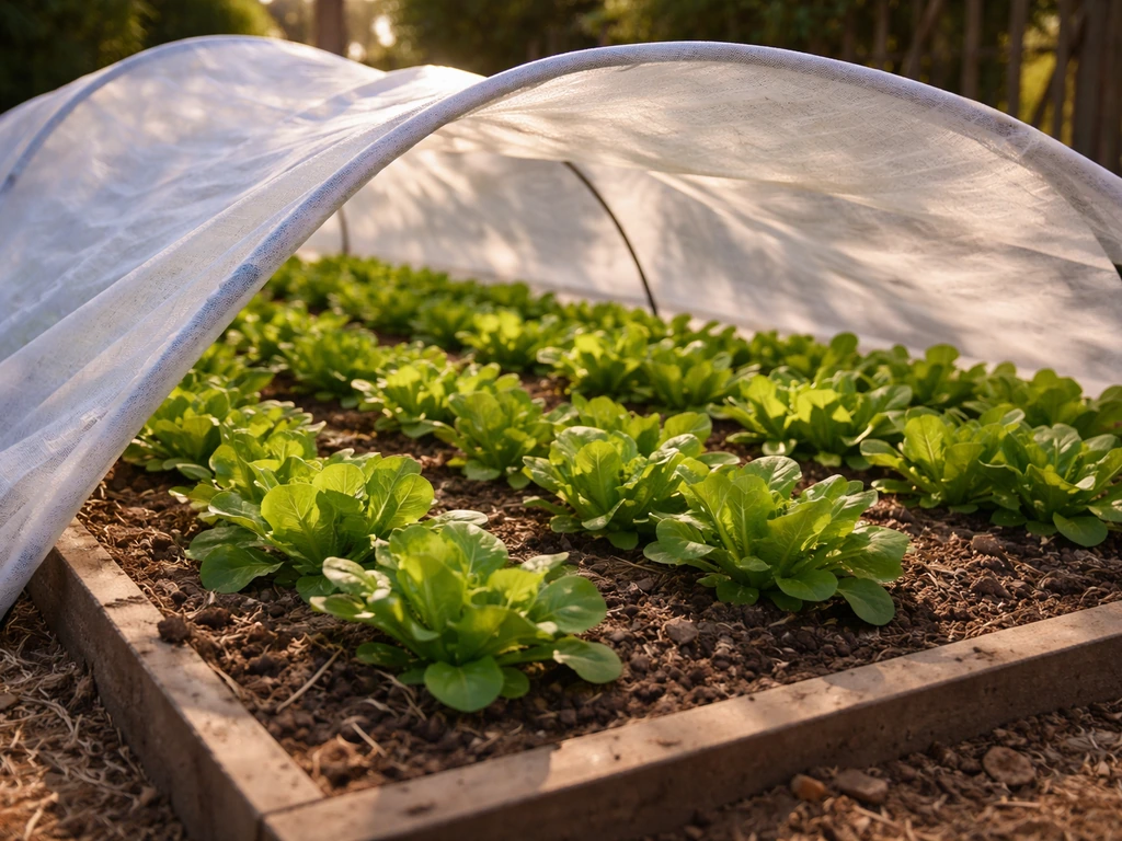Cool-season lettuce in a backyard raised bed with a row cover casting shade in warm afternoon light.