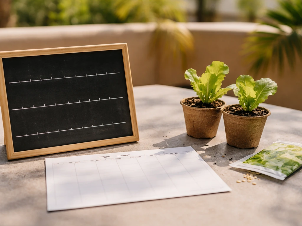 Lettuce seedlings and a blank planting timeline board on a sunny Southern California patio table.