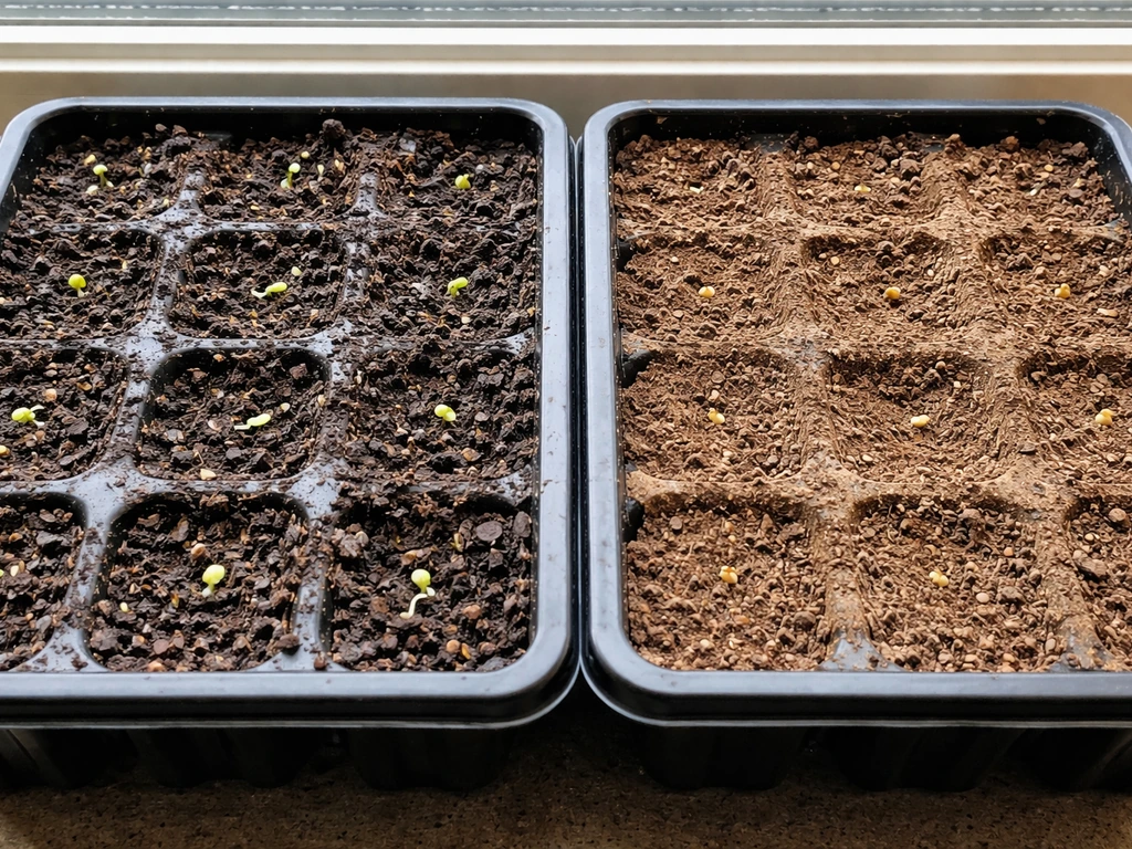 Close-up of lettuce seeds in two seed-starting trays with cool and warm soil tones affecting sprouting.