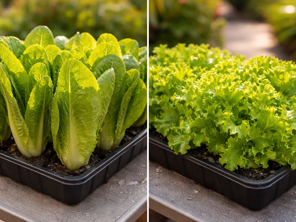 Side-by-side closeups of romaine and loose-leaf lettuce thriving in warm sunlight on garden trays