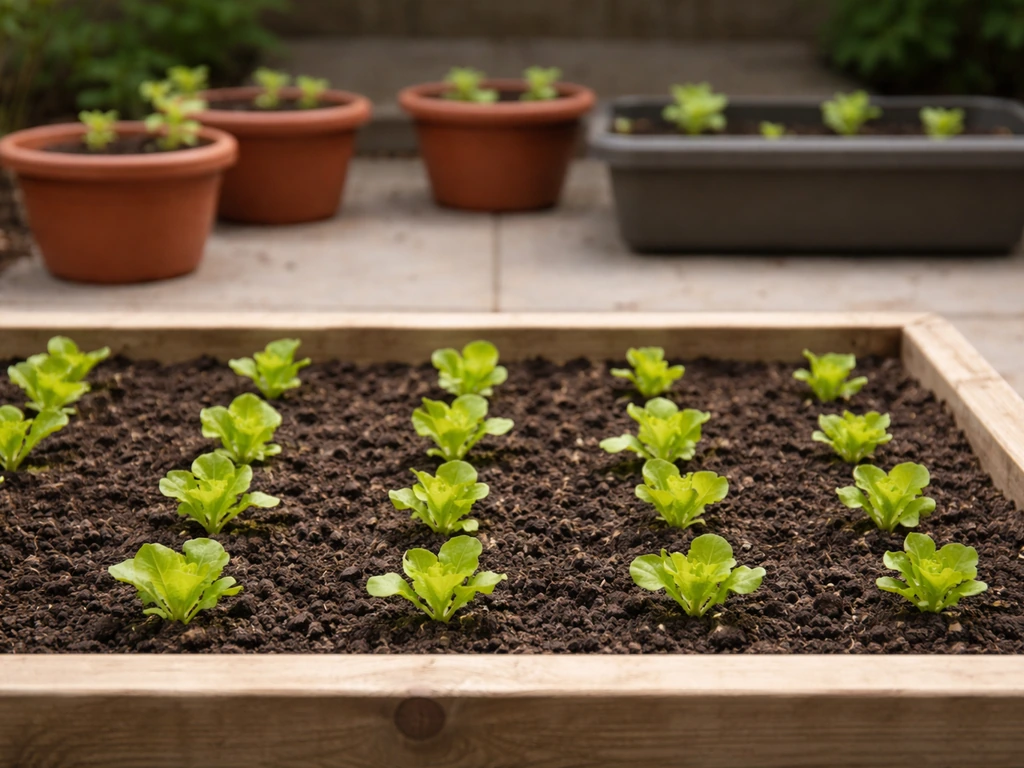 Raised bed rows of lettuce in the foreground with separate planter containers of lettuce in the background.