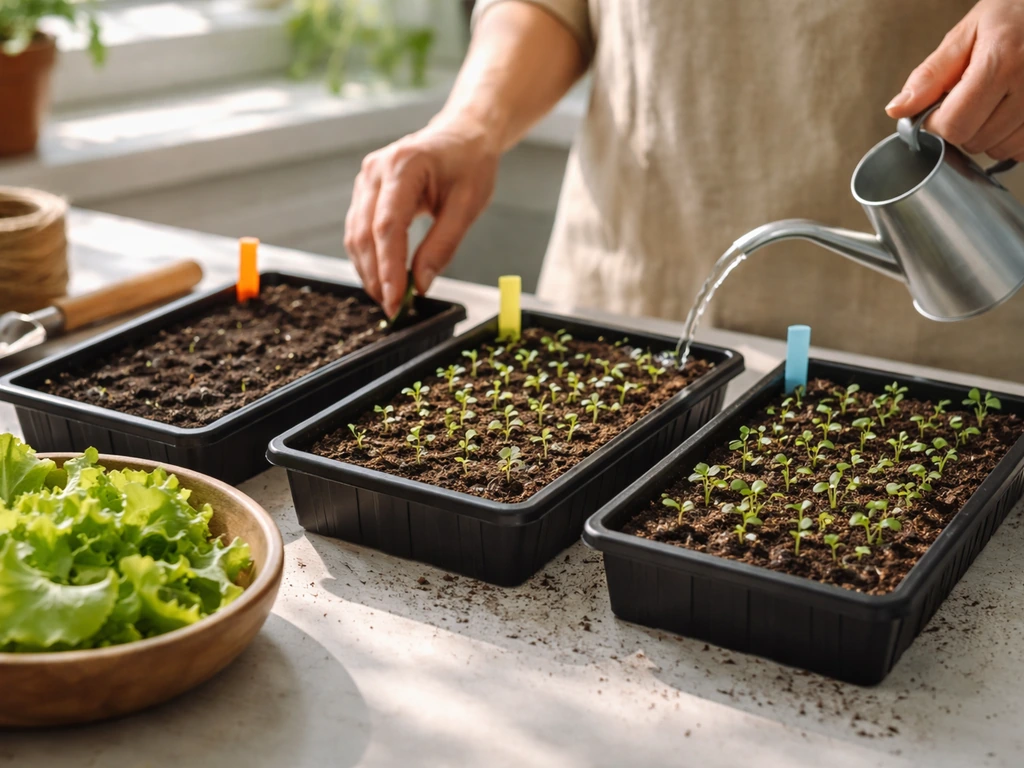 Garden counter with several small lettuce seed trays at different stages and a bowl of baby leaves