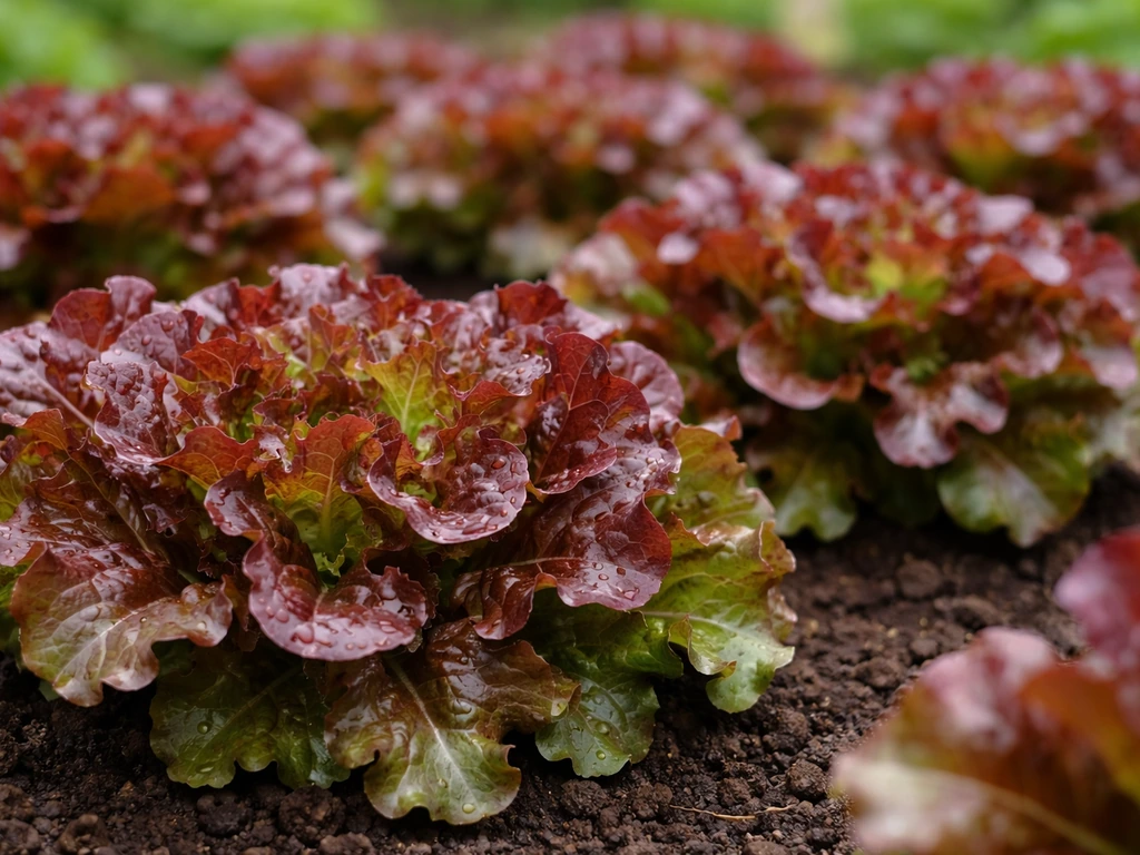 Vibrant red oak leaf lettuce rosettes with deeply lobed burgundy leaves in a garden bed.
