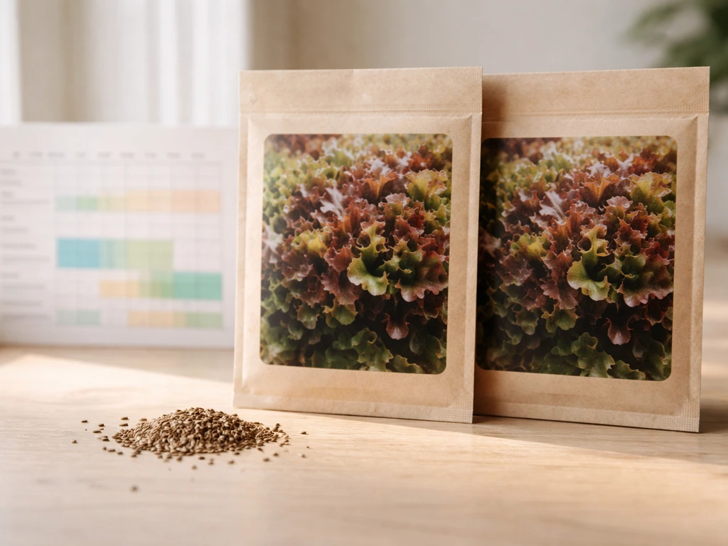 Close-up of red oak leaf lettuce seeds and seed packets on a kitchen counter with a simple sowing calendar