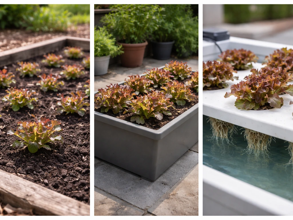 Three-panel view of red oak leaf lettuce in an outdoor bed, a container, and a hydroponic tub