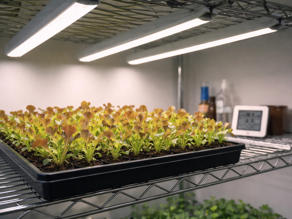Indoor grow lights over red oak leaf lettuce seedlings with a visible temperature gauge nearby.