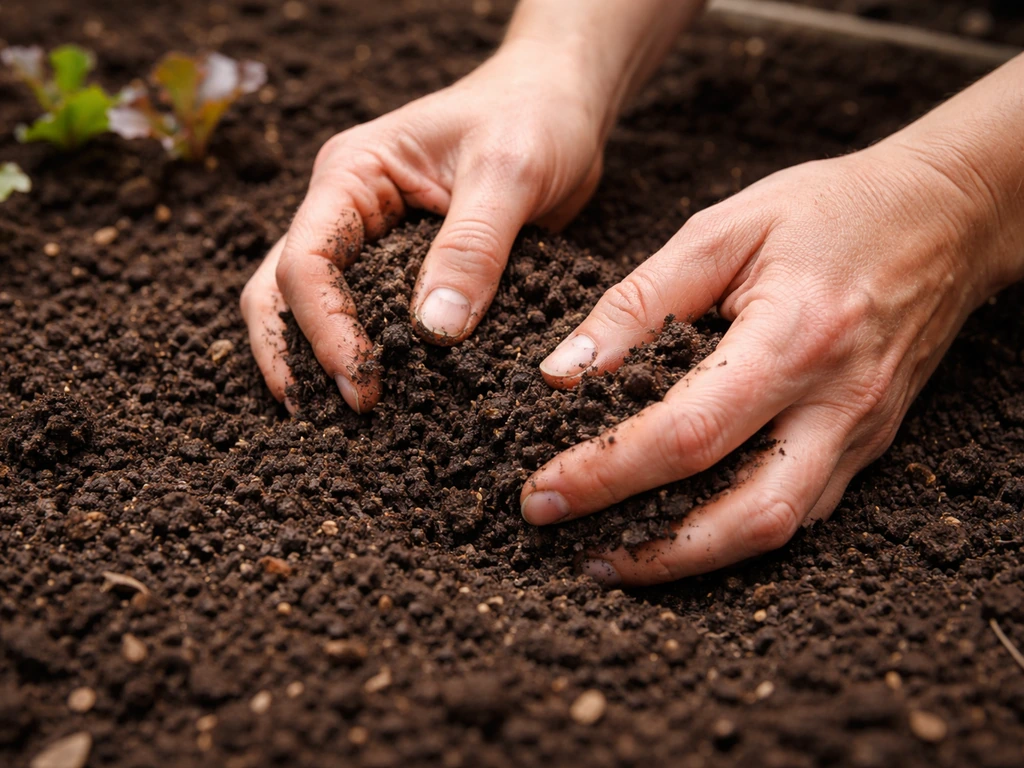 Hands mixing loose soil with compost, checking texture for red oak leaf lettuce in a garden bed