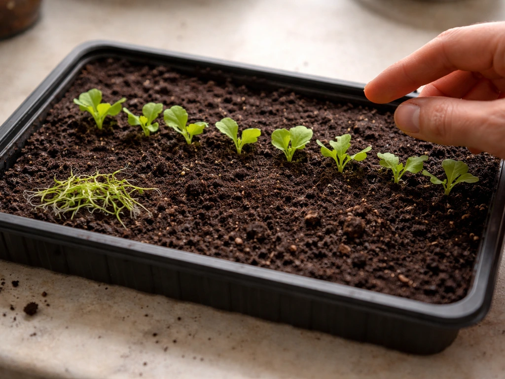 Lettuce seedlings being thinned in a small seed tray, showing spaced plants after removing extras