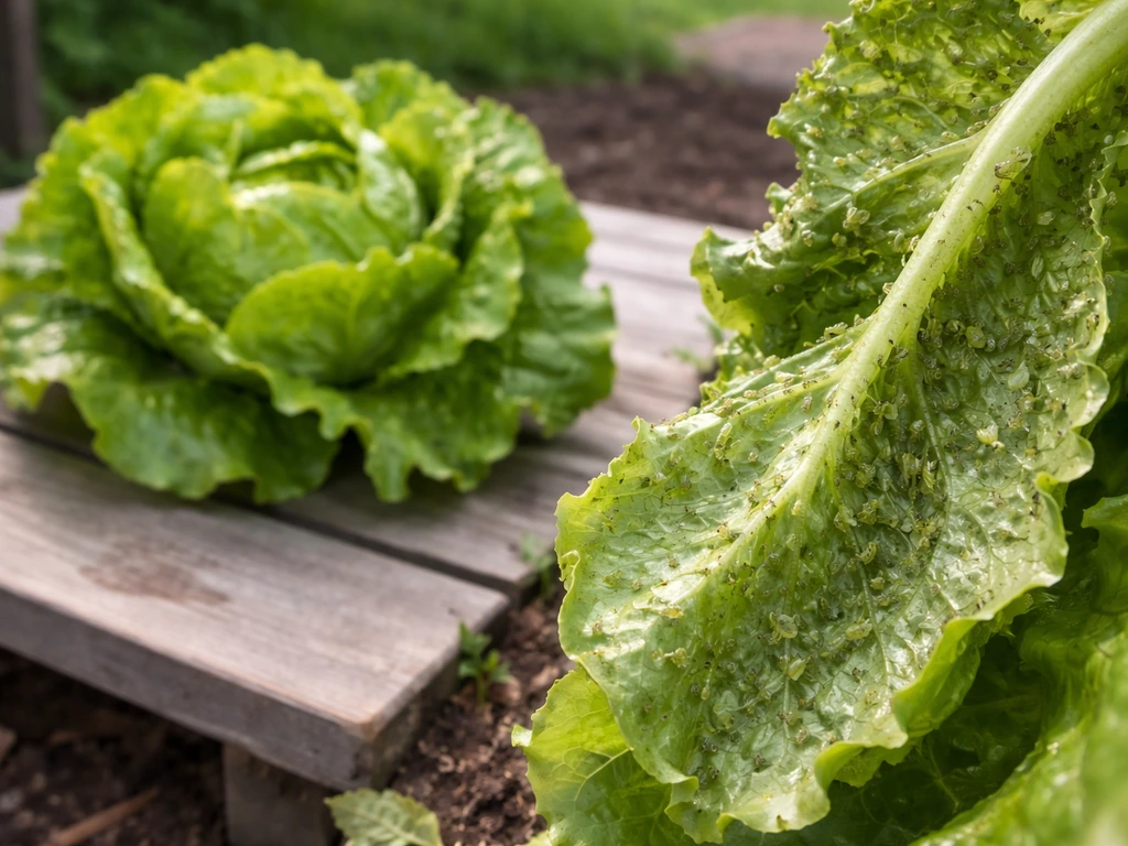Fresh lettuce ready for harvest beside a close-up view of aphids on leaf undersides