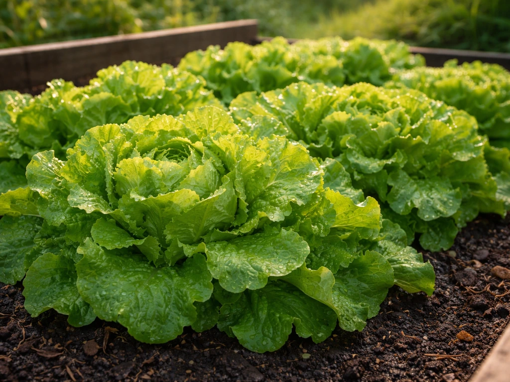 Abundant fresh lettuce ready for salad in a home garden, lush green leaves with soil and raised beds.