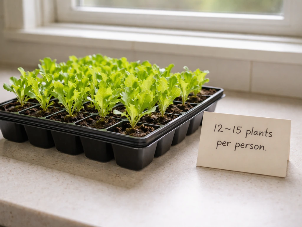 Small tray of fresh lettuce seedlings with a simple reminder about plants per person