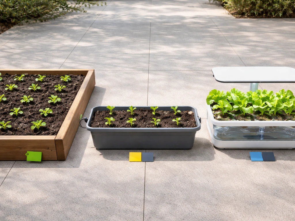 Three home garden growing setups side-by-side: raised bed, shallow container box, and compact hydroponics.
