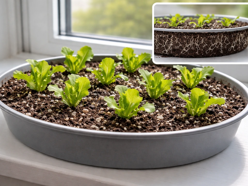 Close-up of wide shallow pot with spaced leaf lettuce, plus inset showing shallow root depth.