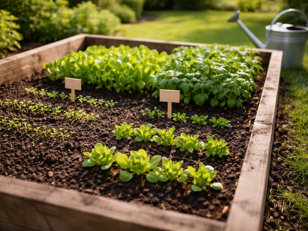 Minimal garden beds with labeled soil markers and overlapping rows suggesting weekly succession planting.