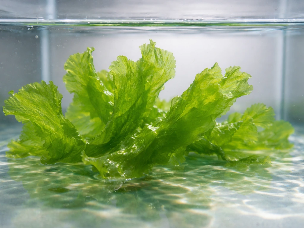 Bright green sea lettuce fronds floating in a small home saltwater tank