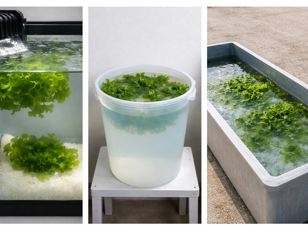 Three sea lettuce grow setups side-by-side: refugium compartment, dedicated bucket tank, and outdoor trough.