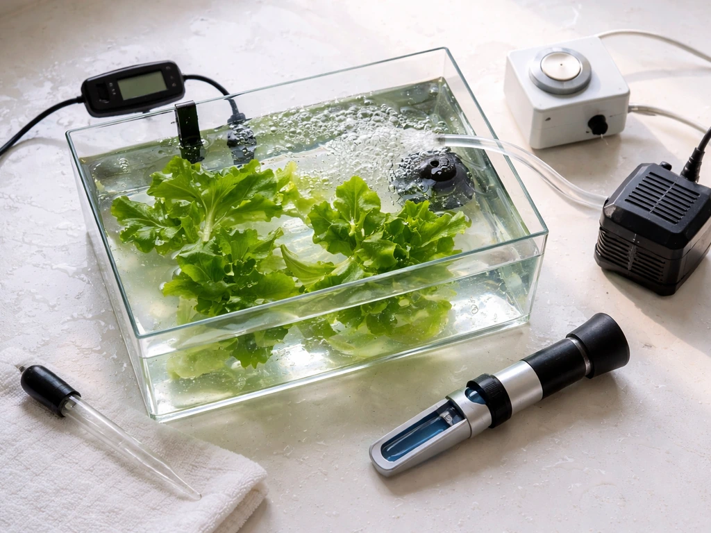 Top-down photo of a small sea lettuce growing setup with instruments for temperature, salinity, light, and water flow