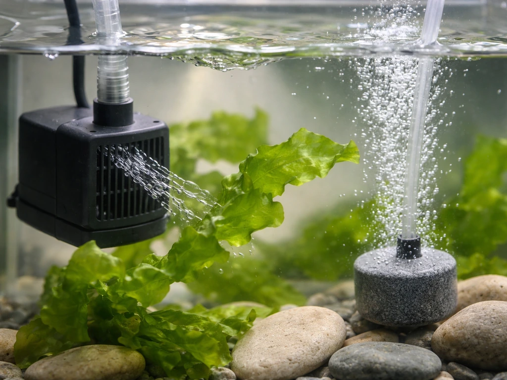 Close-up of an aquarium pump and air stone creating gentle flow while green Ulva fronds stay suspended.