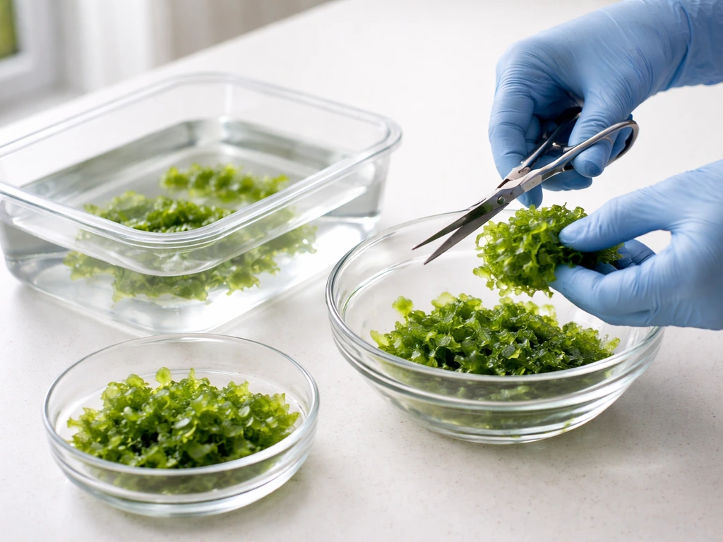 Gloved hands fragment green Ulva thalli and place the pieces into a clear water container.