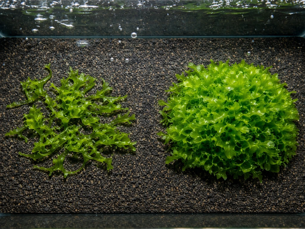 Top-down view of spread-out Ulva versus a dense clump on aquarium substrate.
