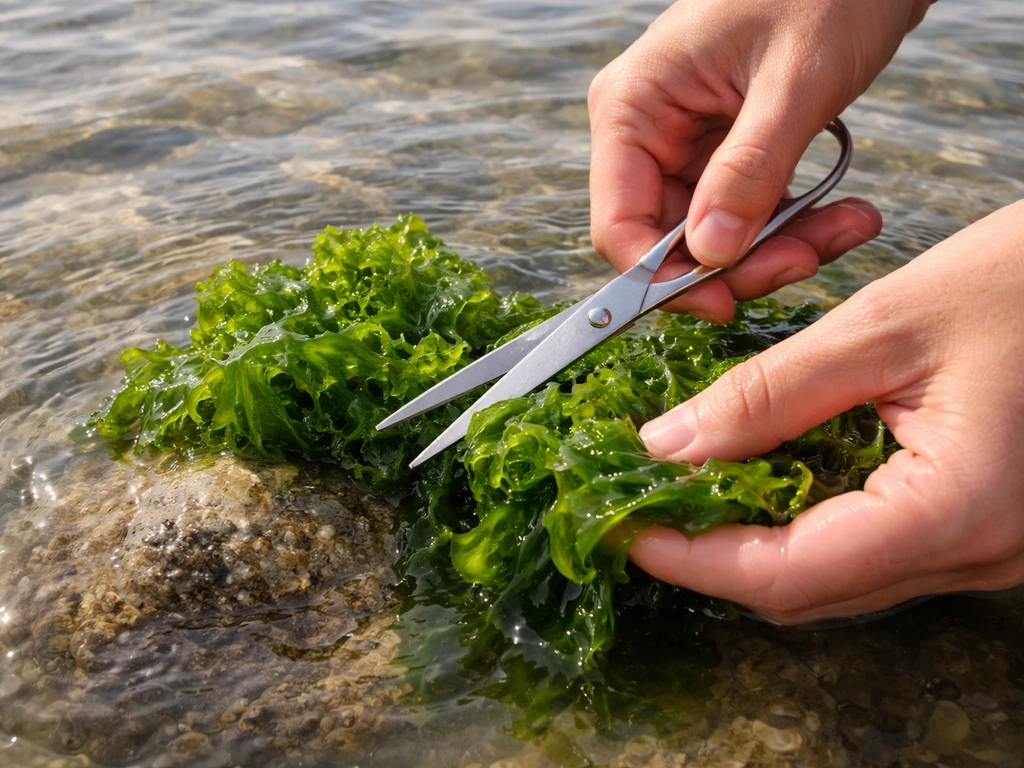 Clean hands and scissors cutting green Ulva seaweed, leaving a healthy base patch attached.