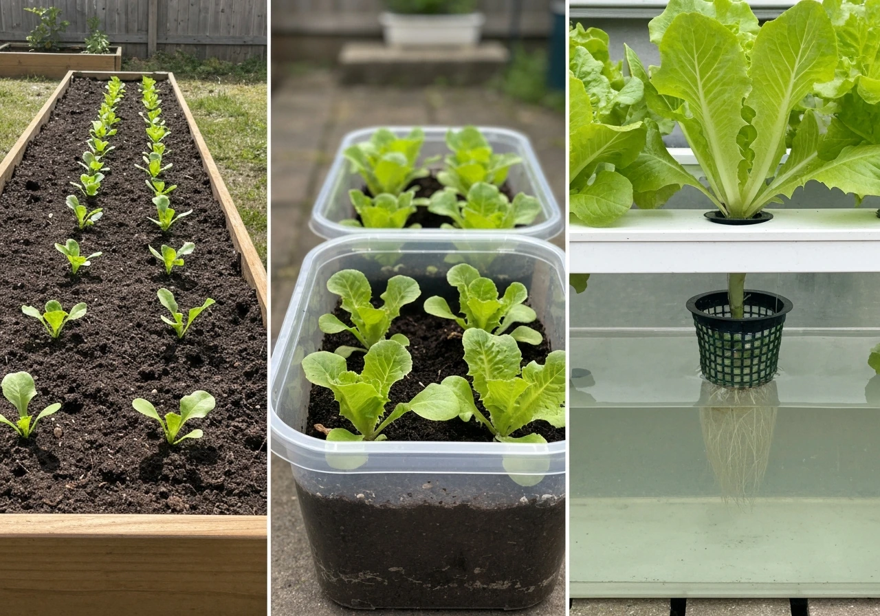Three lettuce setups together: bed soil, container planter, and a small hydroponics system with seedlings.