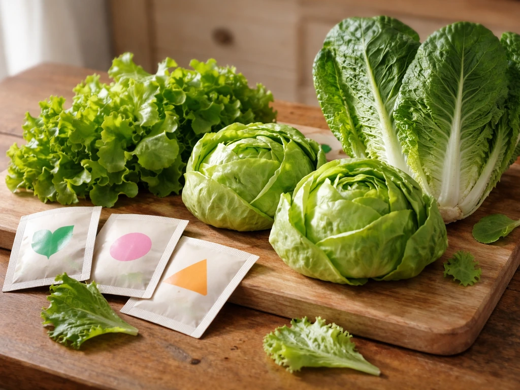 Assorted lettuce heads and colorful seed packets on a wooden table in natural light.