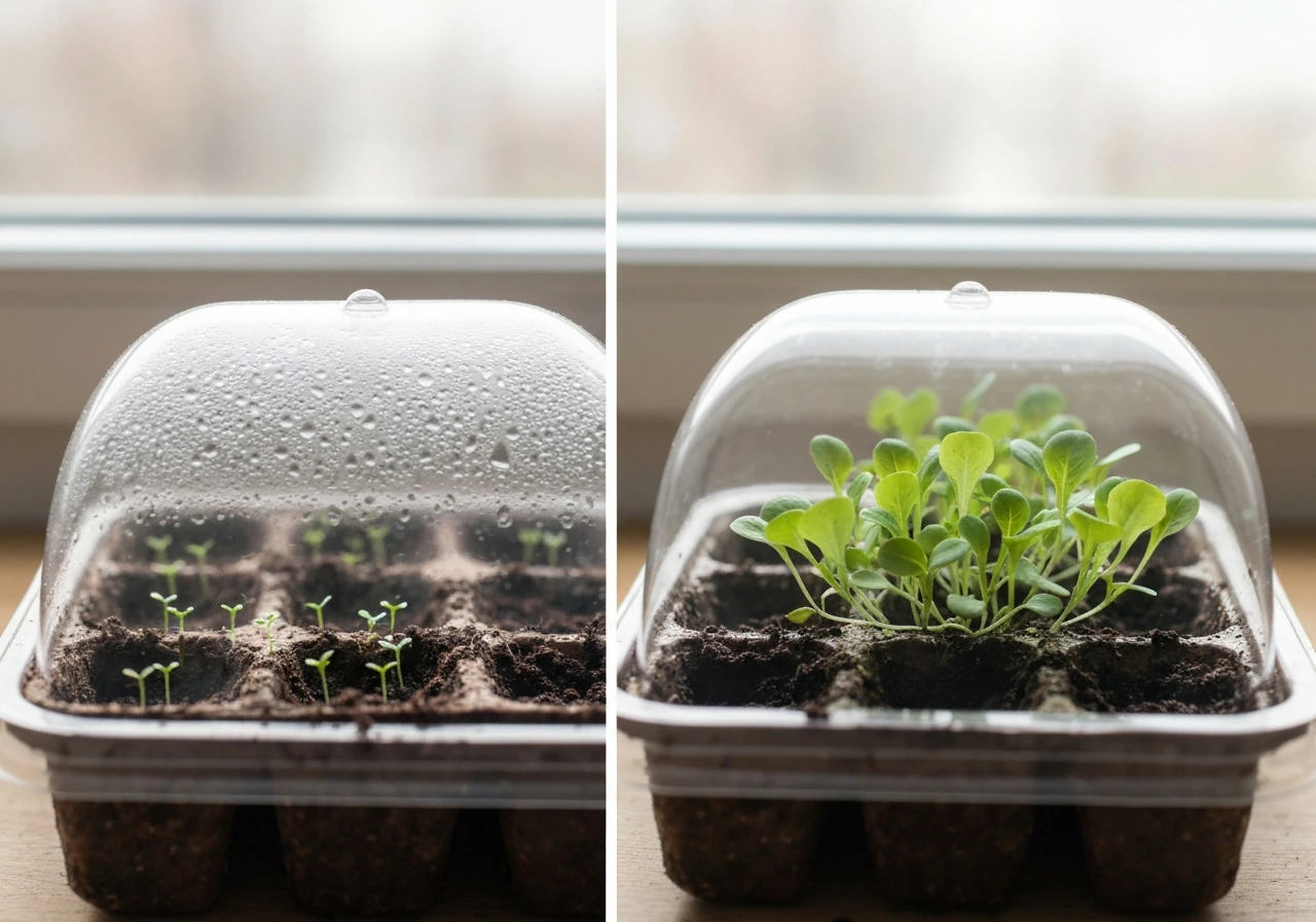Side-by-side closeups of lettuce seedlings in a seed tray under a humidity dome and thicker sprouts ready to transplant.