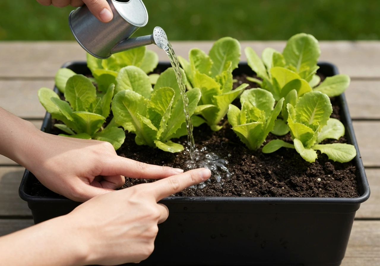 Watering can pouring water into a container planter with lettuce, showing moist soil and finger moisture check