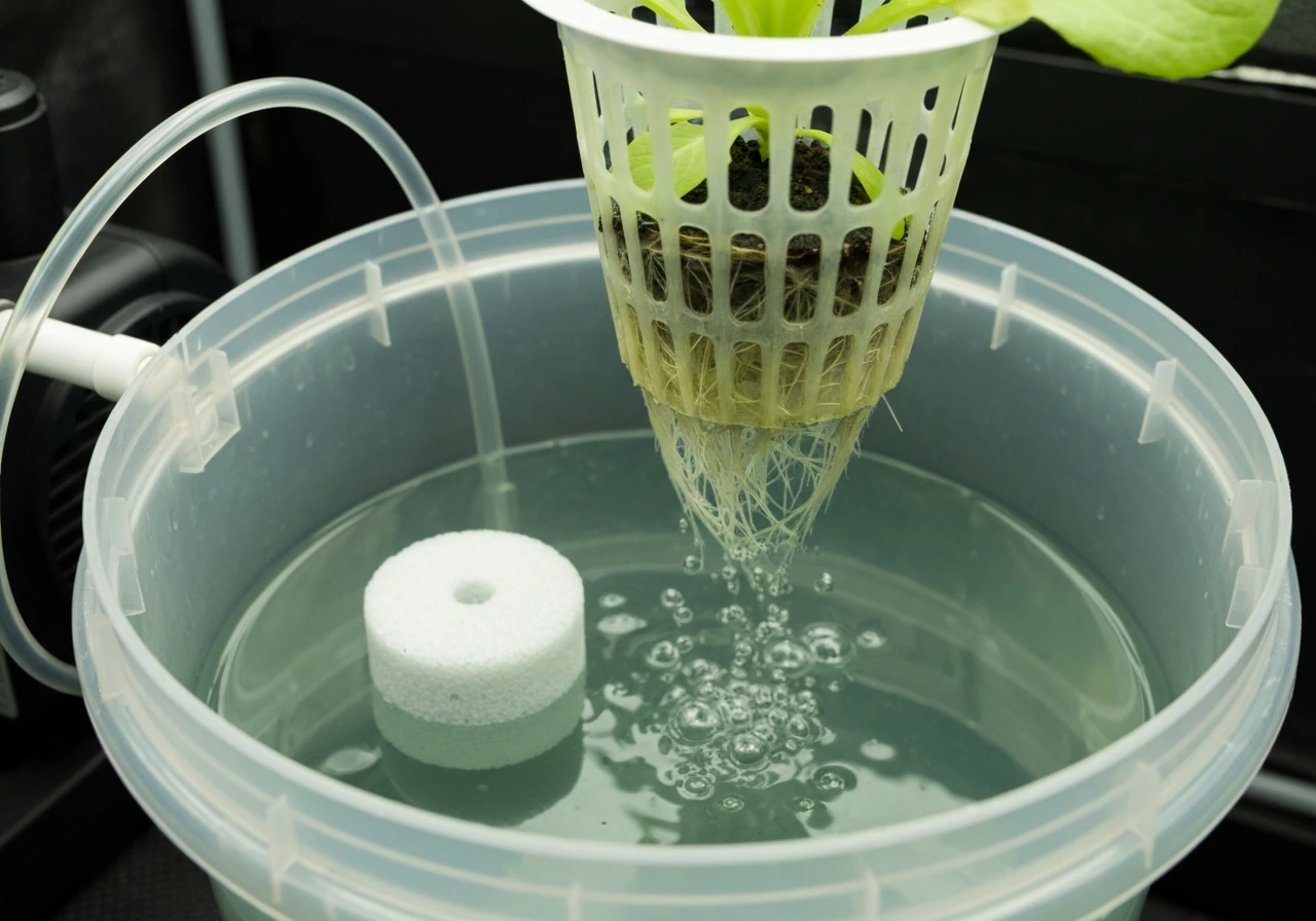 Hydroponic DWC bucket with net pot and lettuce roots submerged, air stone bubbling in a clean nutrient reservoir.
