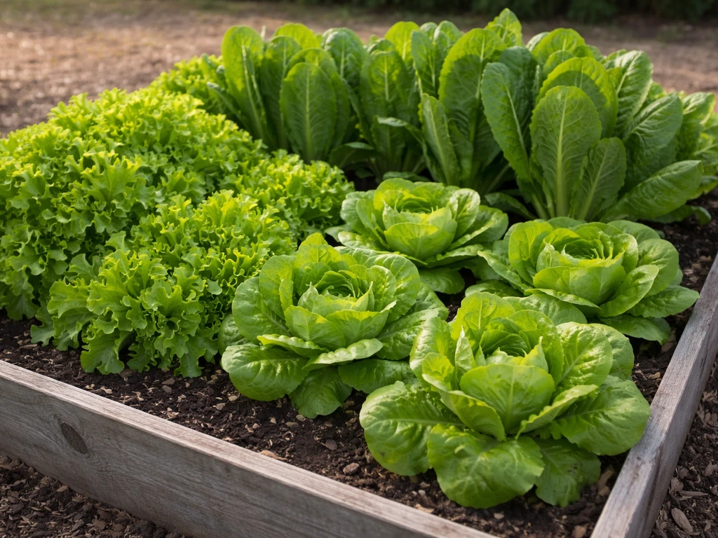 Raised bed garden filled with mixed lettuce varieties—leaf, butterhead, and romaine at different growth stages.