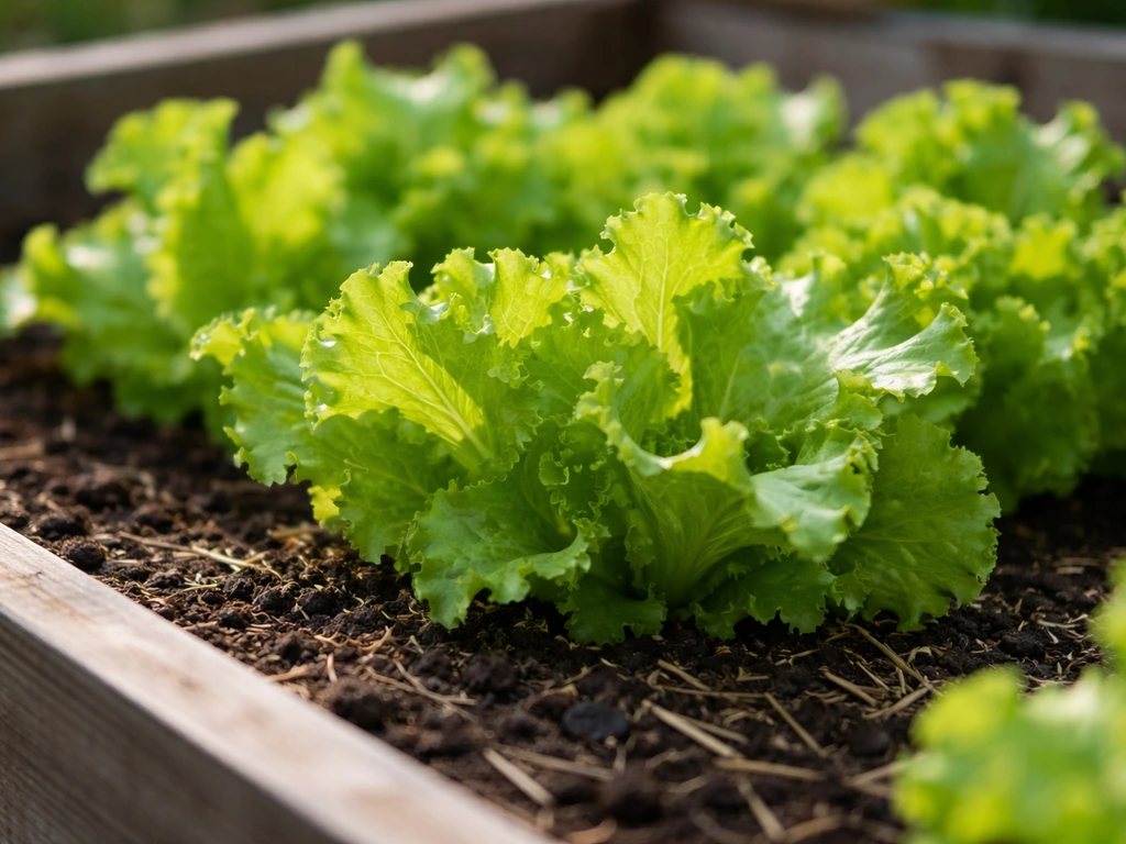 Close-up of vibrant leaf lettuce thriving in a raised bed, tender leaves ready for cut-and-come-again harvesting.