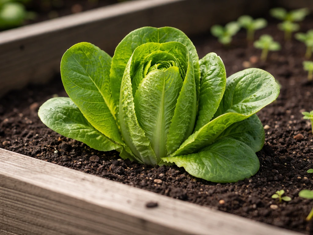 Compact romaine lettuce in a raised bed with crisp outer leaves and visible tight head structure.