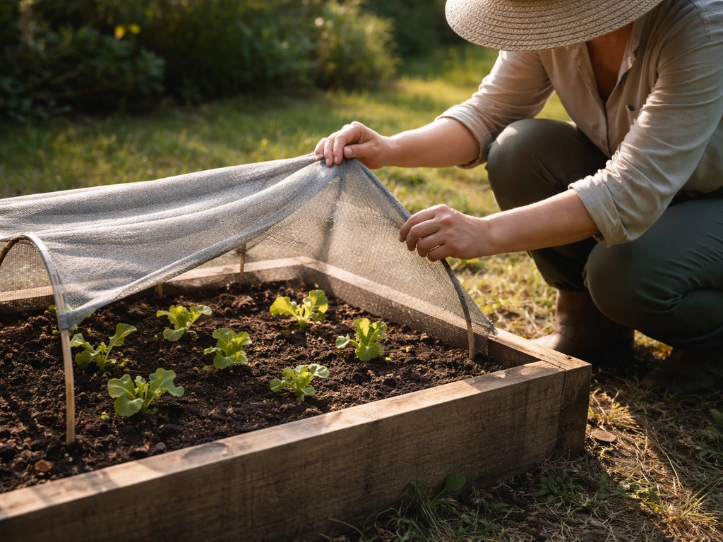 Gardener adjusting a shade cloth on a raised bed so lettuce gets afternoon shade.