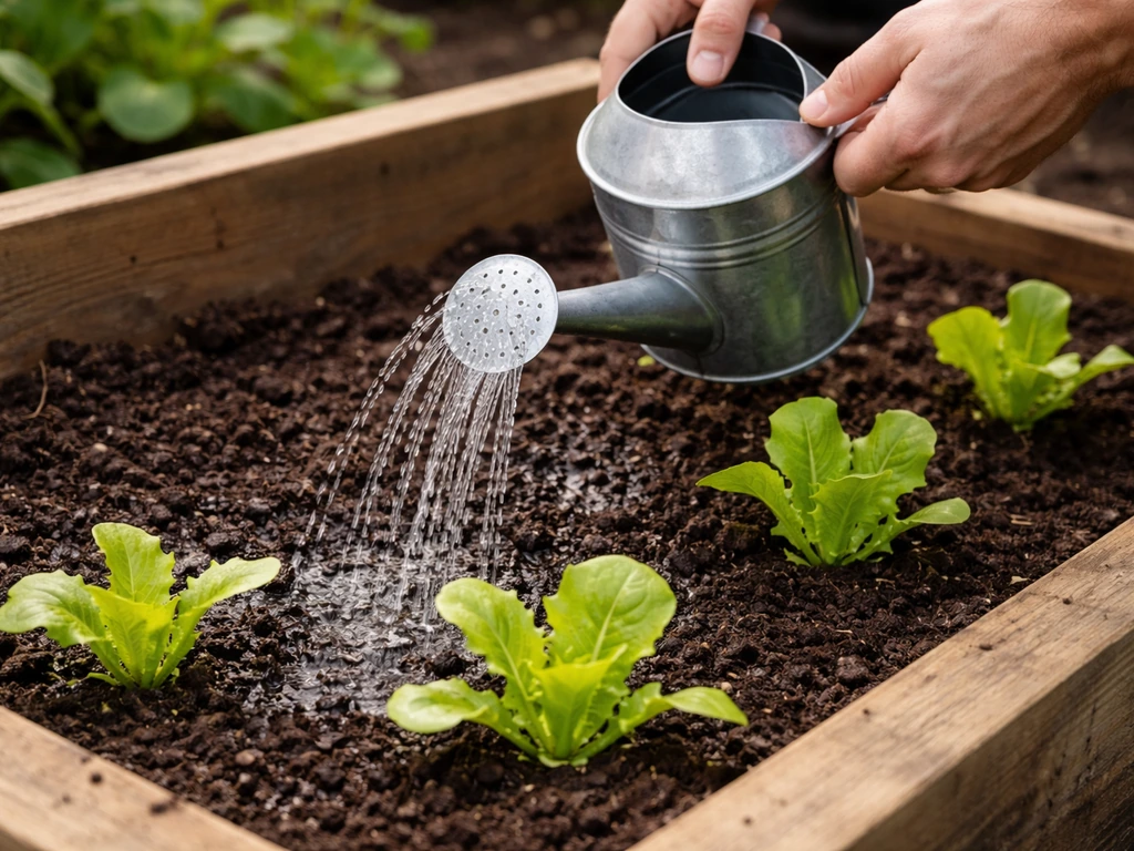 Hands gently watering lettuce in a raised bed, keeping the top soil evenly moist.