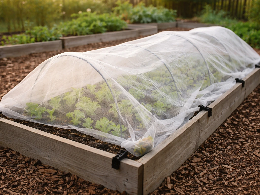 Floating row cover fabric draped over a raised vegetable bed with young lettuce protected in a garden.