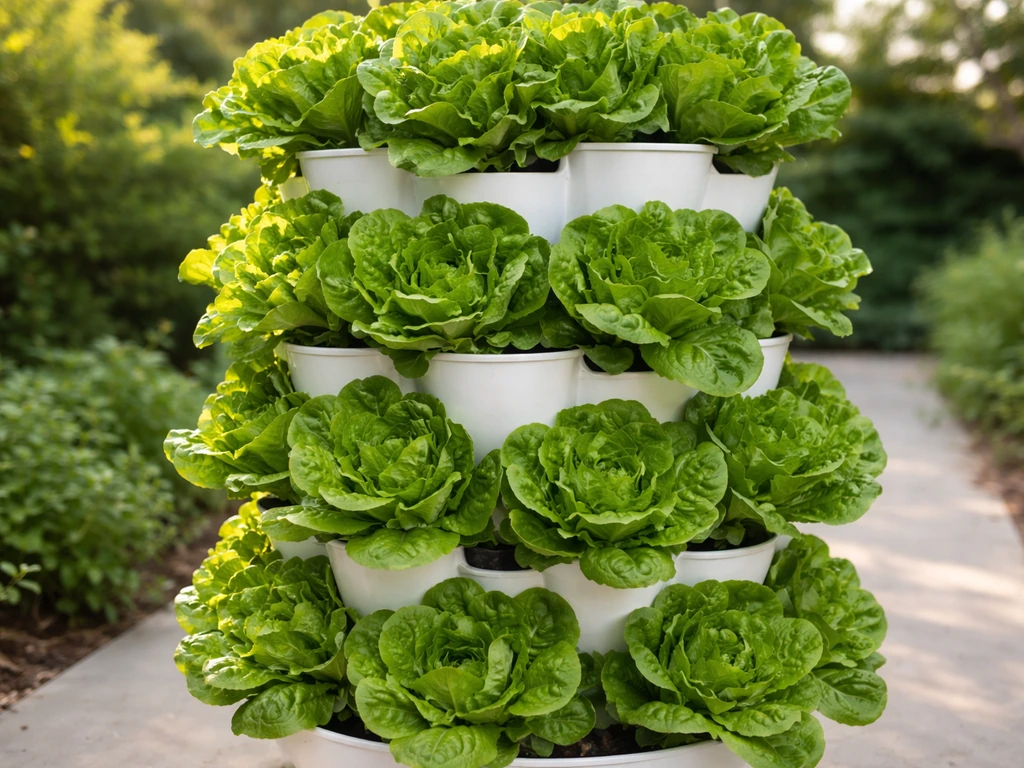 Lush leafy lettuce growing in a vertical tower planter with healthy green foliage.