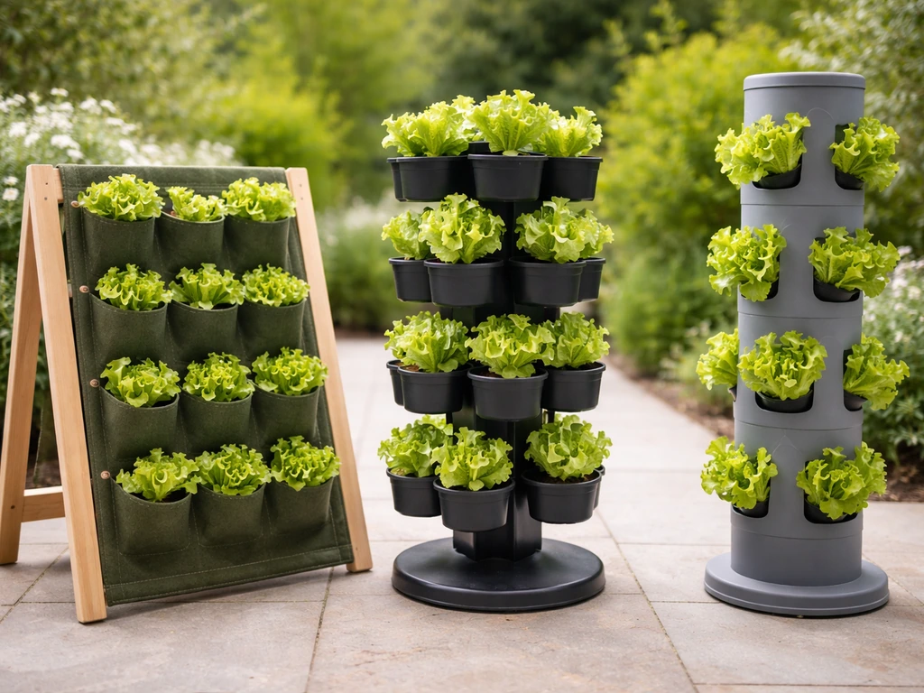 Three vertical planter systems stacked side-by-side with small lettuce plants.