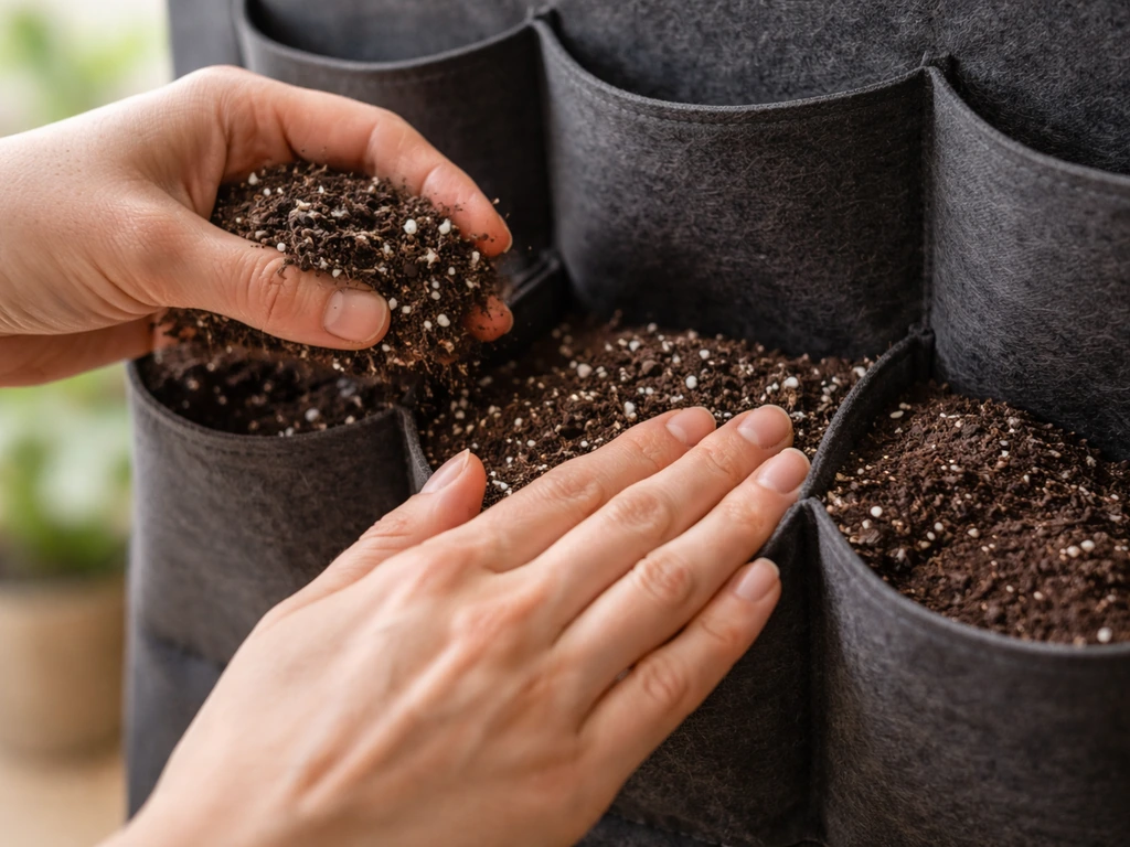 Hands filling fabric vertical planter pockets with light, airy potting mix