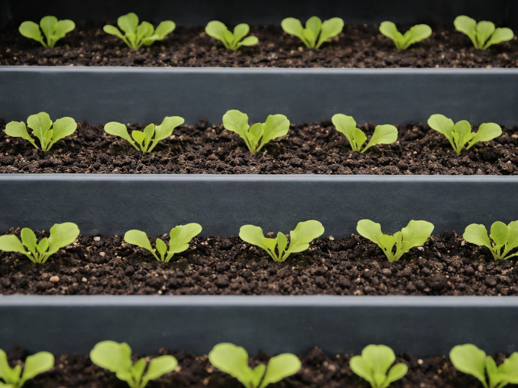 Lettuce seedlings spaced correctly and planted shallowly across tiered beds in a vertical garden.