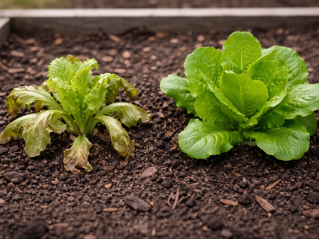 Side-by-side lettuce pockets showing wilted, dried plants next to healthier, perky lettuce after watering changes.
